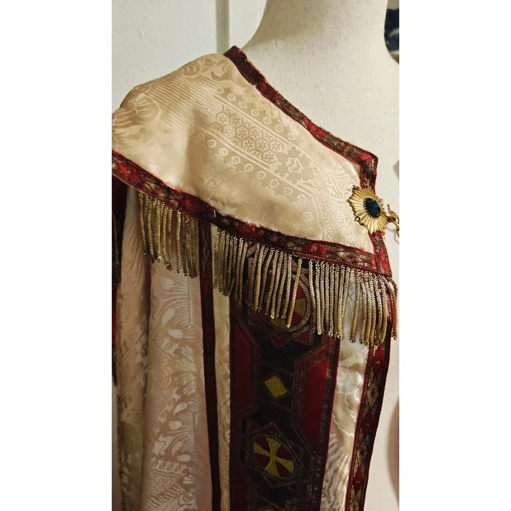 Antique Gothic Liturgical Chausable Cope Hand Painted Gold Boullion Fringe Silk